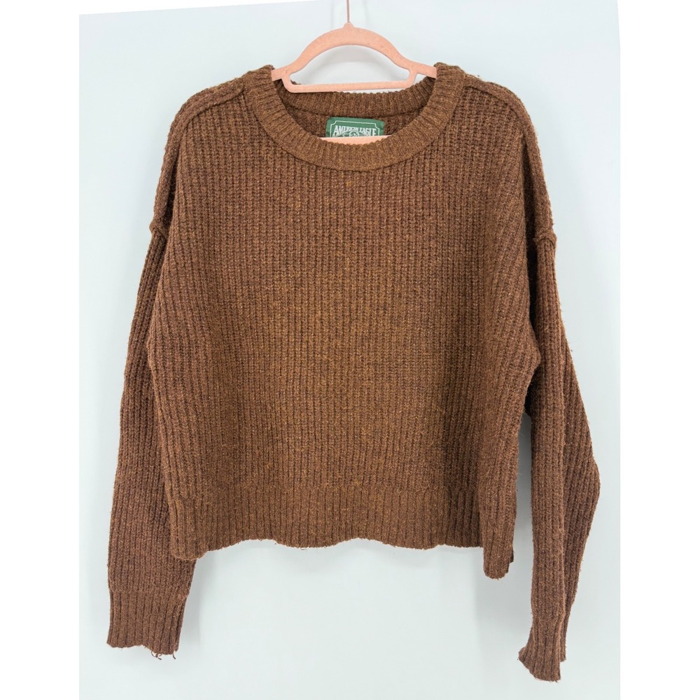 American Eagle Brown Ribbed Knit Cropped Crewneck Sweater Boxy Womens Size Small